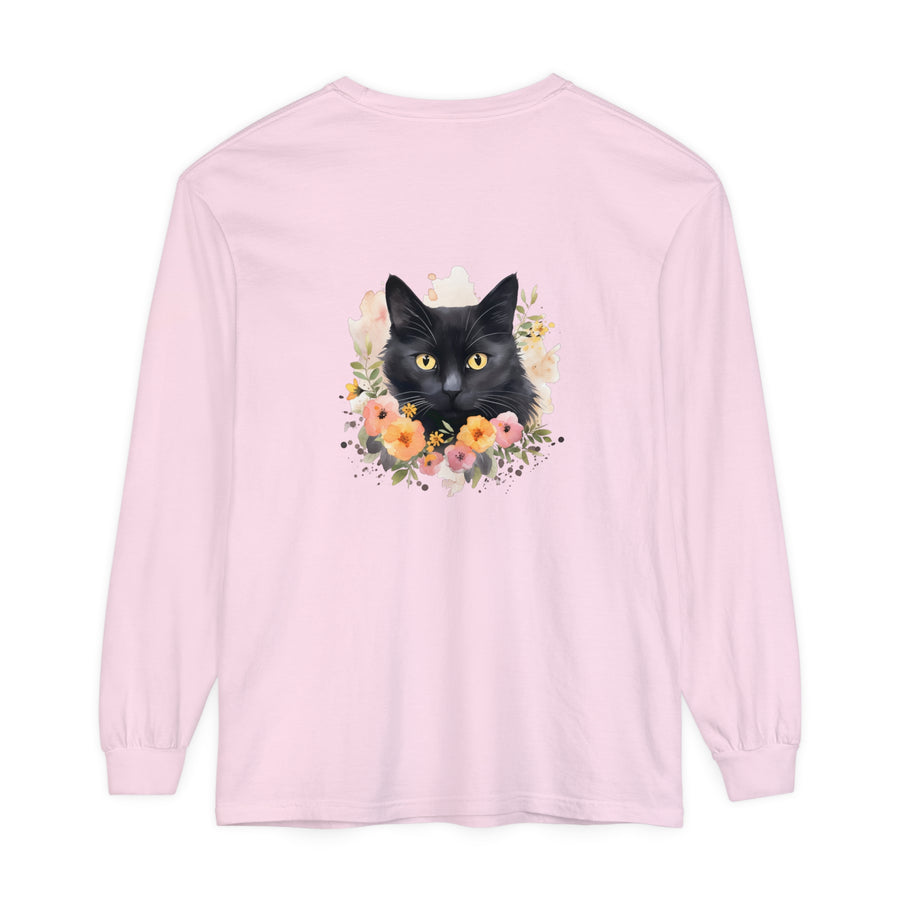 Black Cat Floral Portrait Unisex T-Shirt featuring a beautiful cat design surrounded by vibrant flowers, perfect for both men and women