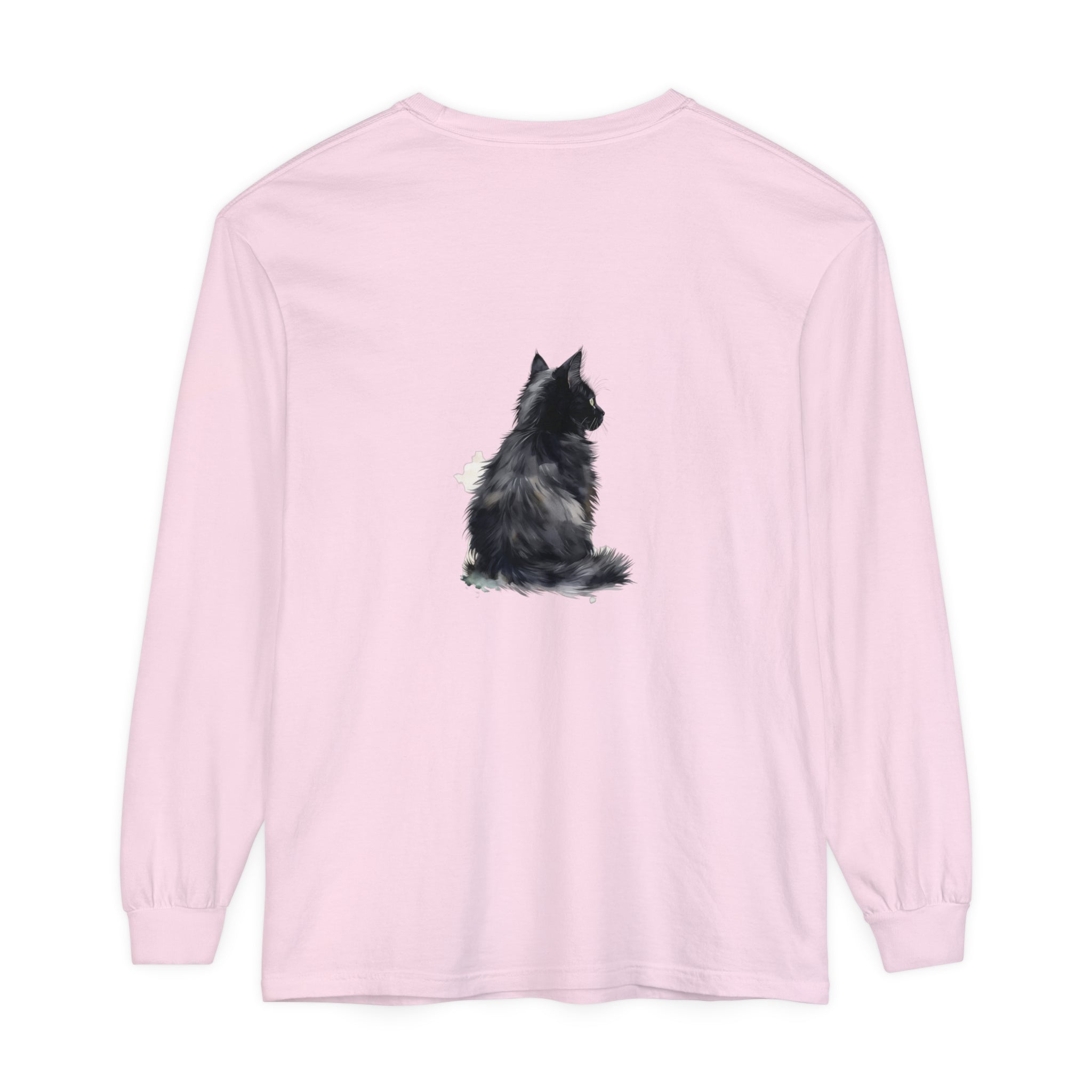 Watercolor long sleeve t-shirt featuring a black and white cat design