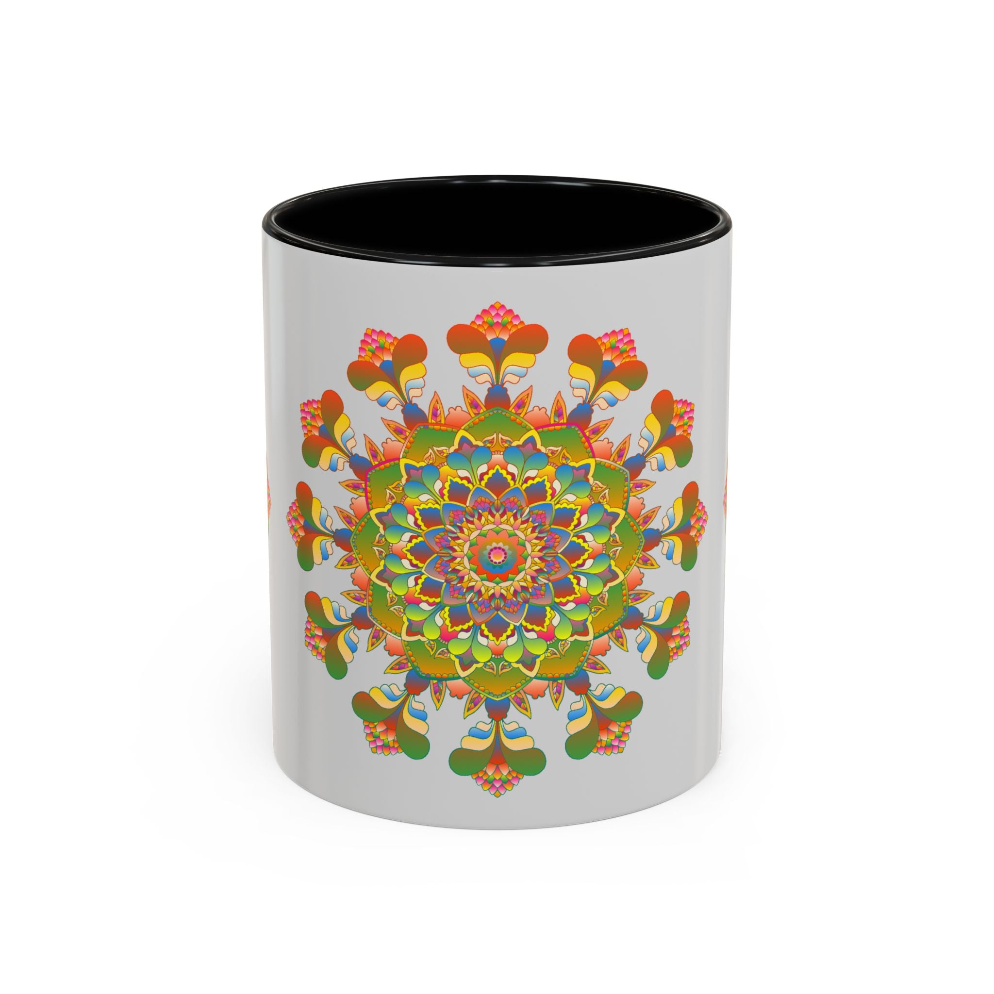 A colorful and intricate mandala art mug, featuring a vibrant and detailed design