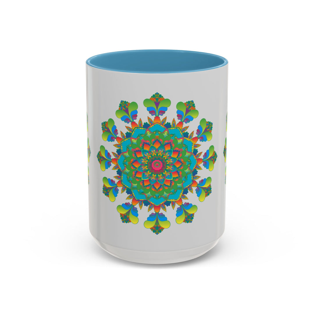 Close up of Mandala Art Mug - Vibrant Colors on Grey showcasing the hand-painted details and intricate patterns