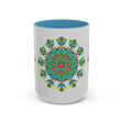 Close up of Mandala Art Mug - Vibrant Colors on Grey showcasing the hand-painted details and intricate patterns