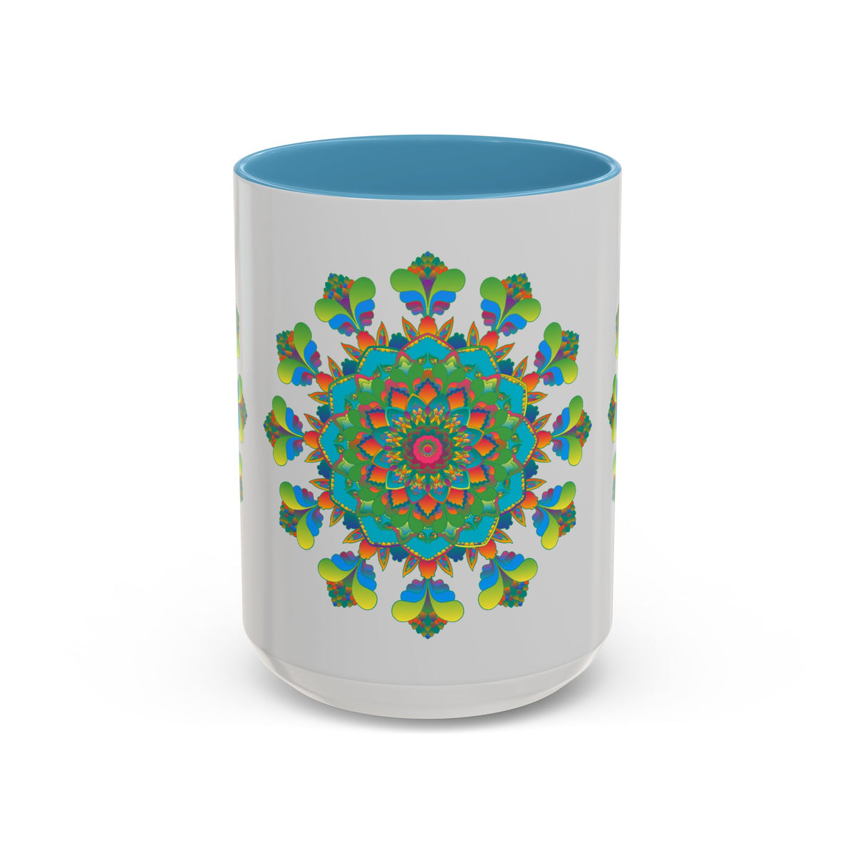 Close up of Mandala Art Mug - Vibrant Colors on Grey showcasing the hand-painted details and intricate patterns