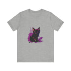 Schwarzes Katzenrätsel – Lila Farbspritzer-T-Shirt