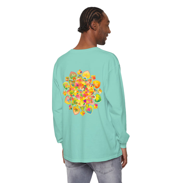 Colorful and intricate psychedelic mandala design on a long sleeve t-shirt