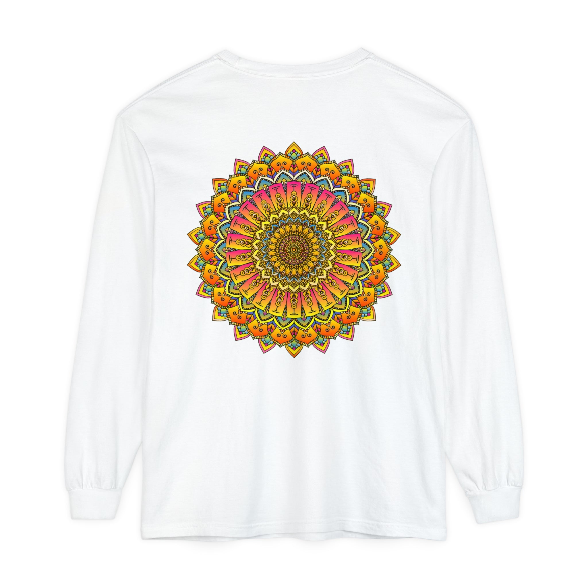 Colorful and intricate mandala design on a unisex long sleeve t-shirt