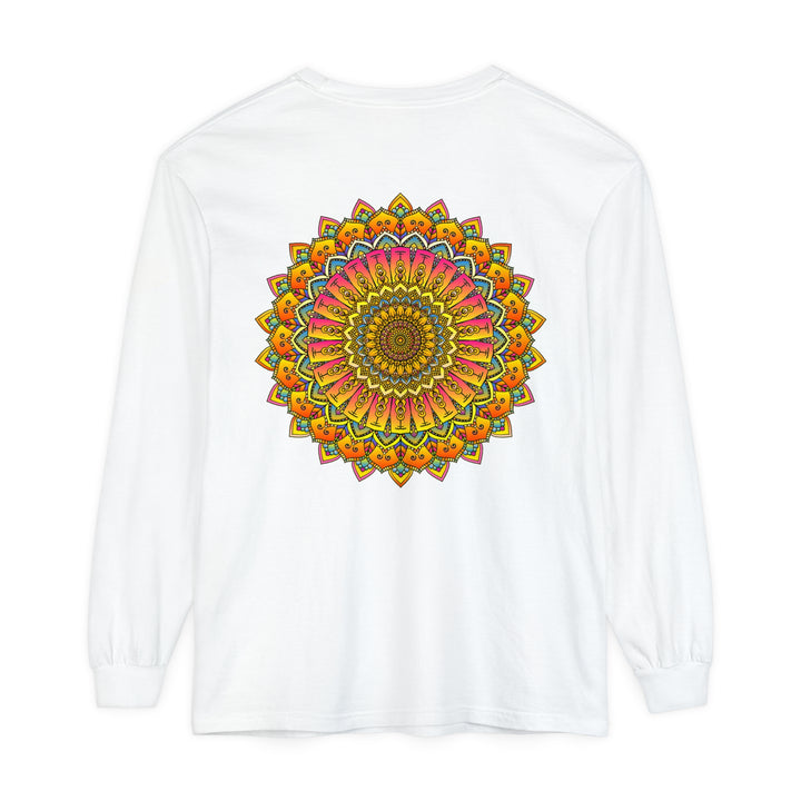 Colorful and intricate mandala design on a unisex long sleeve t-shirt