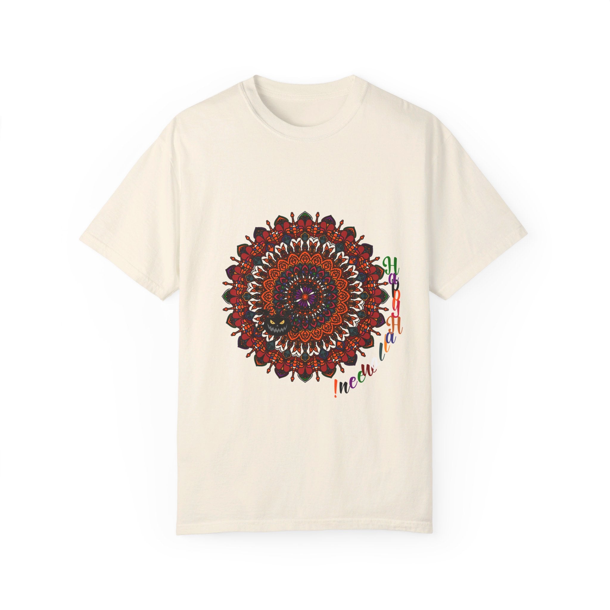 Halloween Mandala T-shirt Unisex - Handmade Pumpkin Mandala Art - Garment-Dyed Tee, perfect for spooky season festivities and comfortable wear