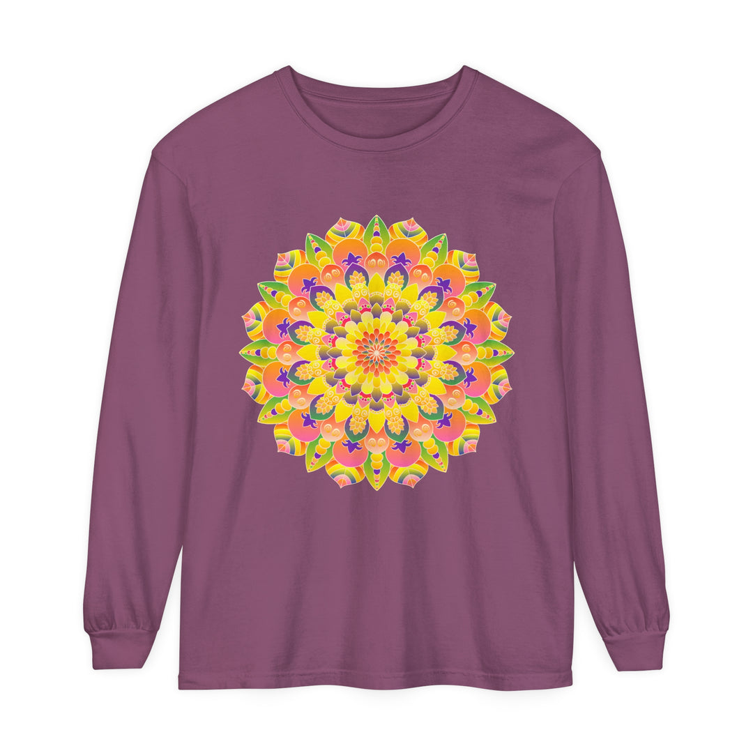 Colorful and intricate mandala design on a unisex long sleeve t-shirt