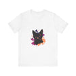 Black Cat Mystery T-Shirt with Purple Eyes - a stylish and mysterious design