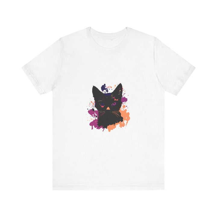 Black Cat Mystery T-Shirt with Purple Eyes - a stylish and mysterious design