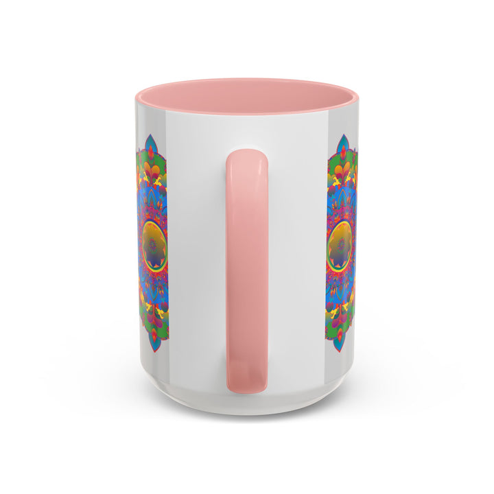 Beautiful and vibrant mandala flower design on grey ceramic mug