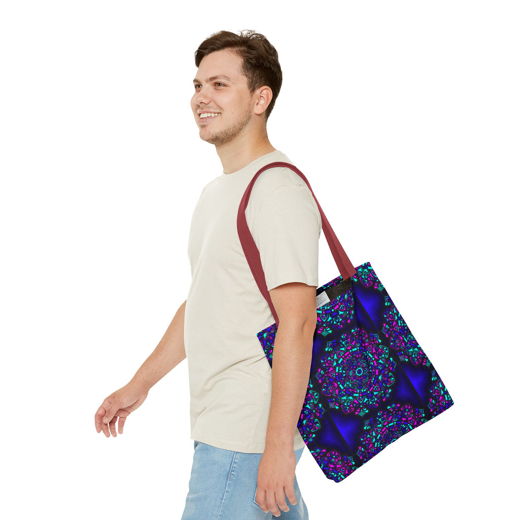 Kaleidoscope Mandala Tote Bag — Vibrant Neon Floral Pattern