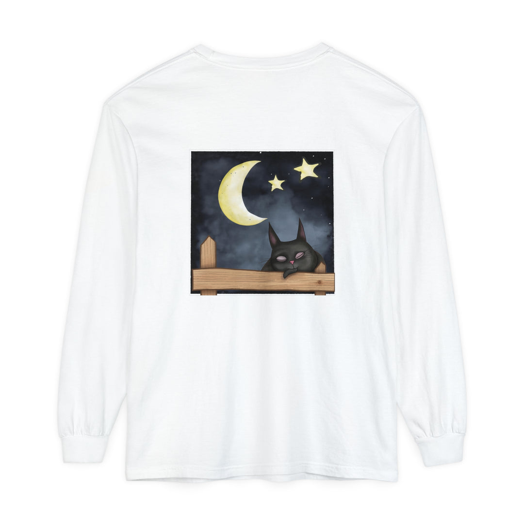 A soft black t-shirt featuring a sleepy cat under a starry night sky