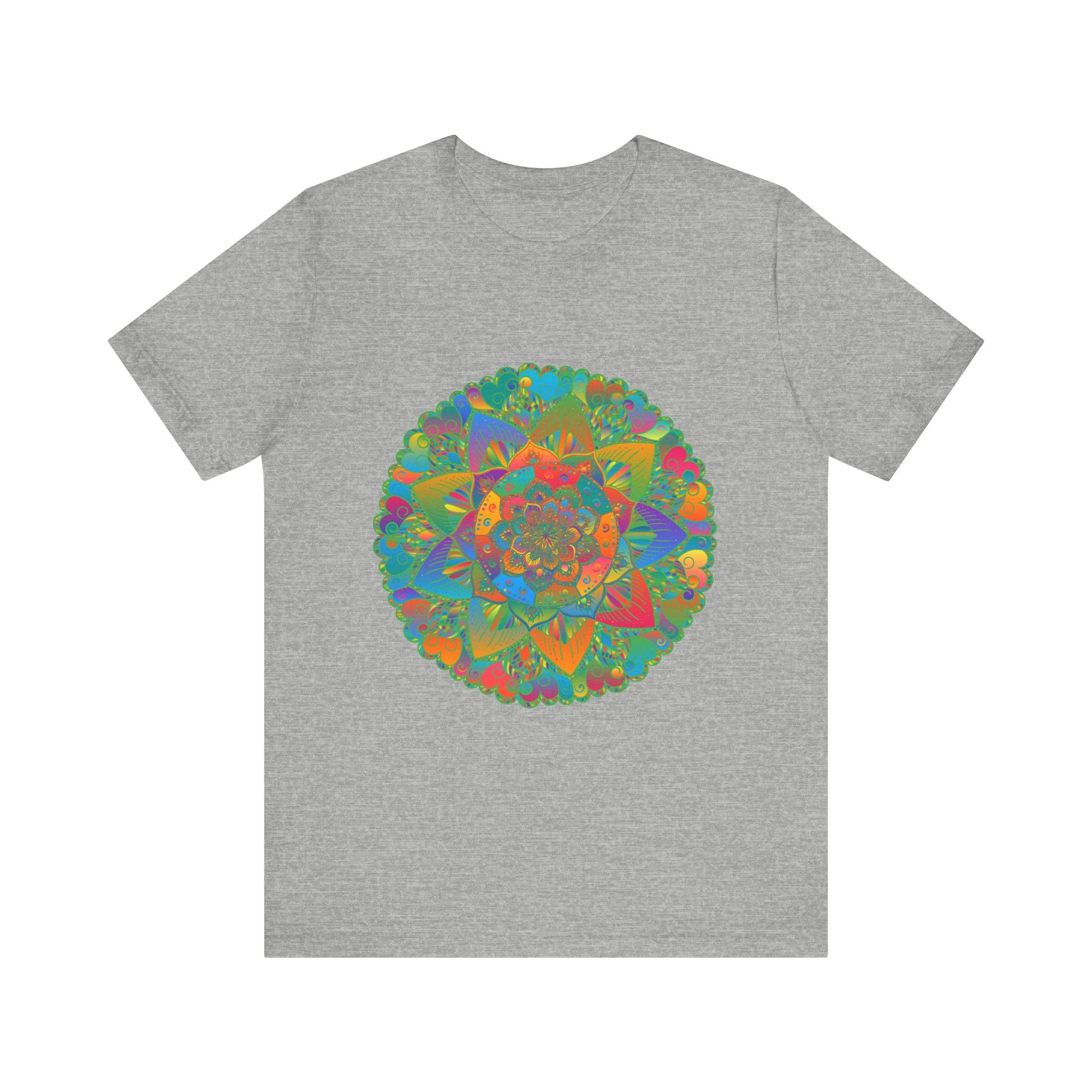 Vibrant Mandala Tee featuring a beautiful and intricate design, symbolizing peace and tranquility in shades of blue, green, and purple