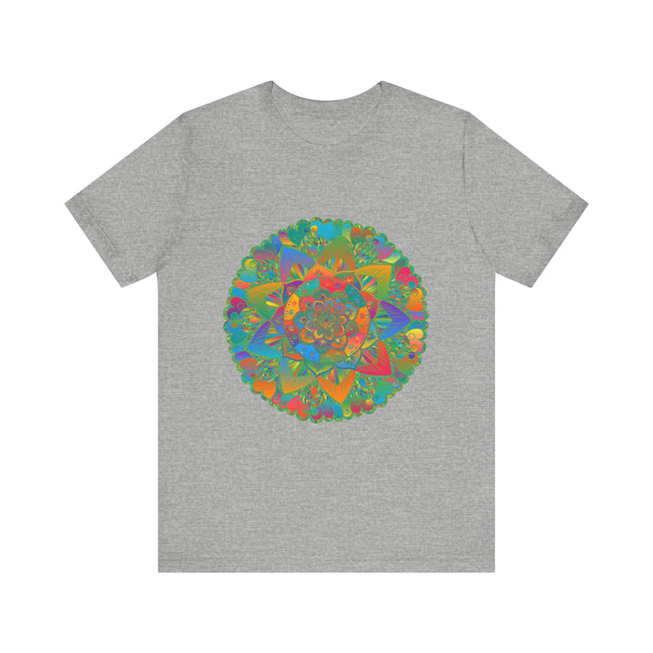 Vibrant Mandala Tee featuring a beautiful and intricate design, symbolizing peace and tranquility in shades of blue, green, and purple