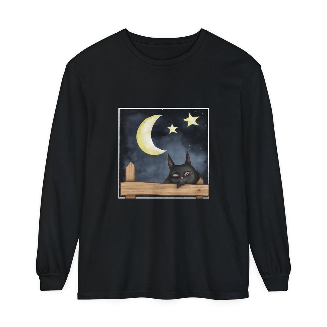 A close-up image of a dark blue t-shirt with a sleepy cat and night sky design