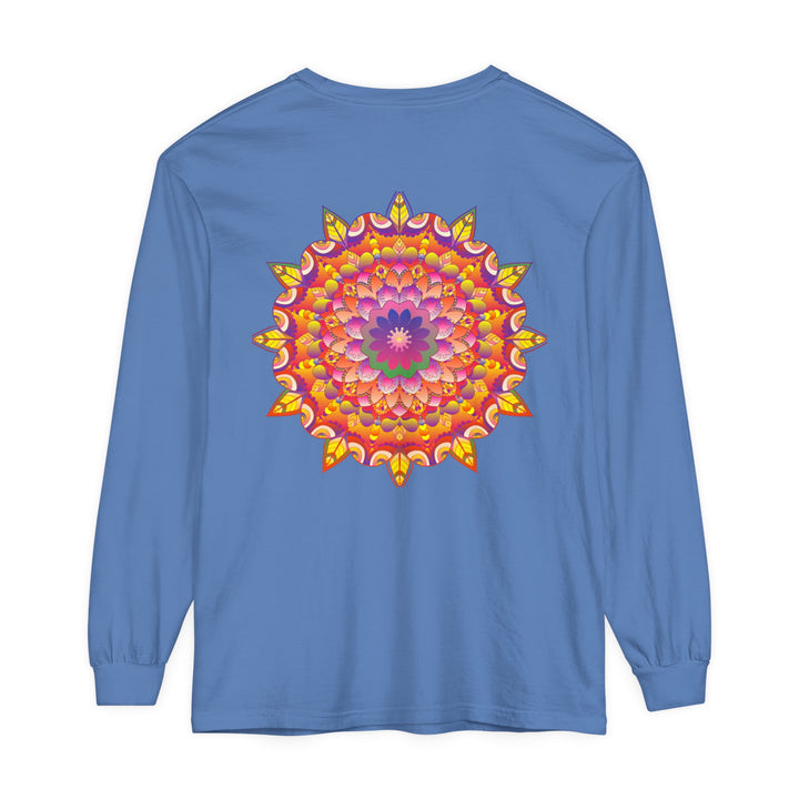 Colorful and intricate mandala design on a long sleeve unisex t-shirt