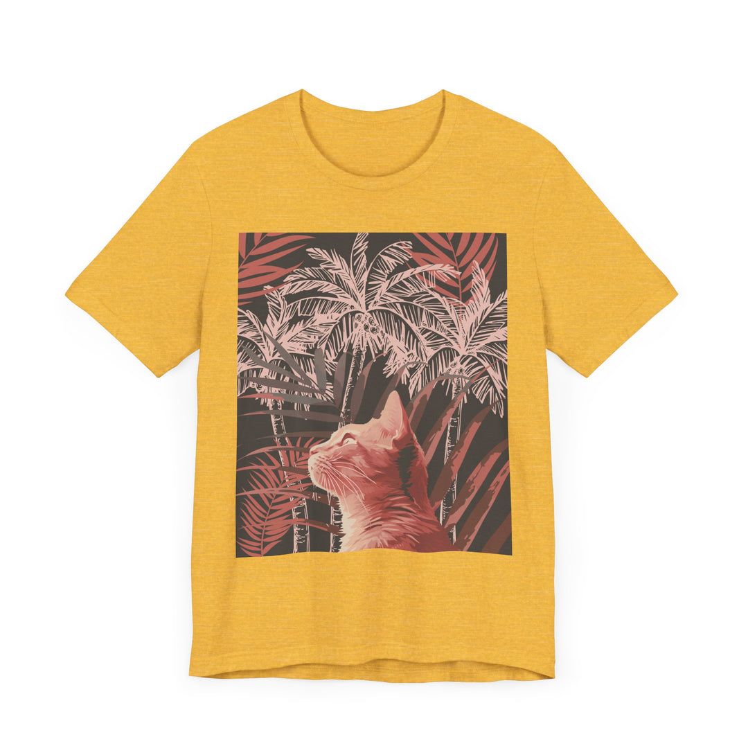 A cute ginger cat lounging under a palm tree on a stylish tee shirt