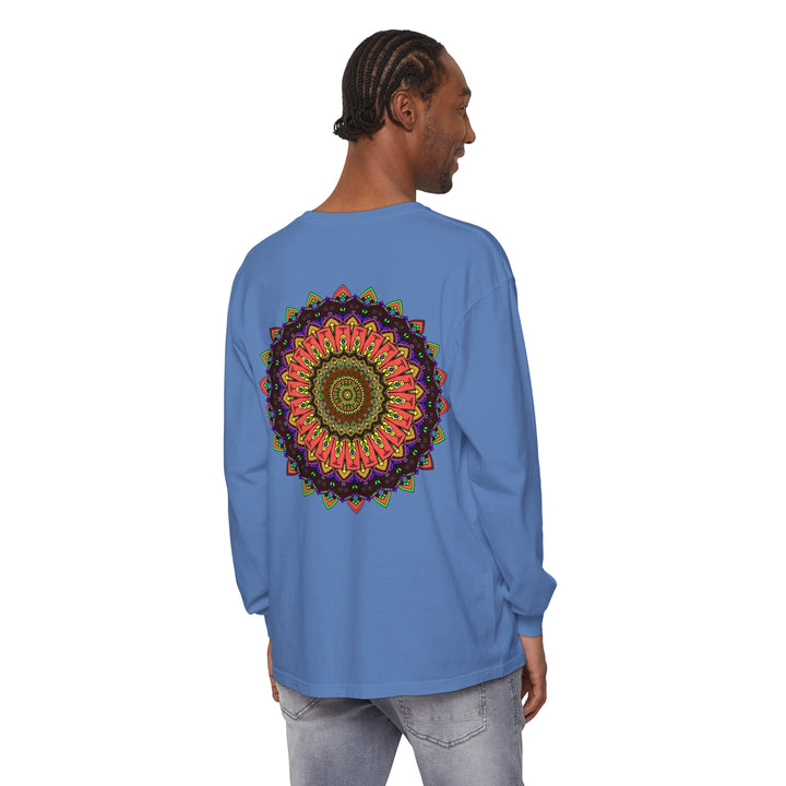 A vibrant and detailed mandala long sleeve t-shirt with colorful design