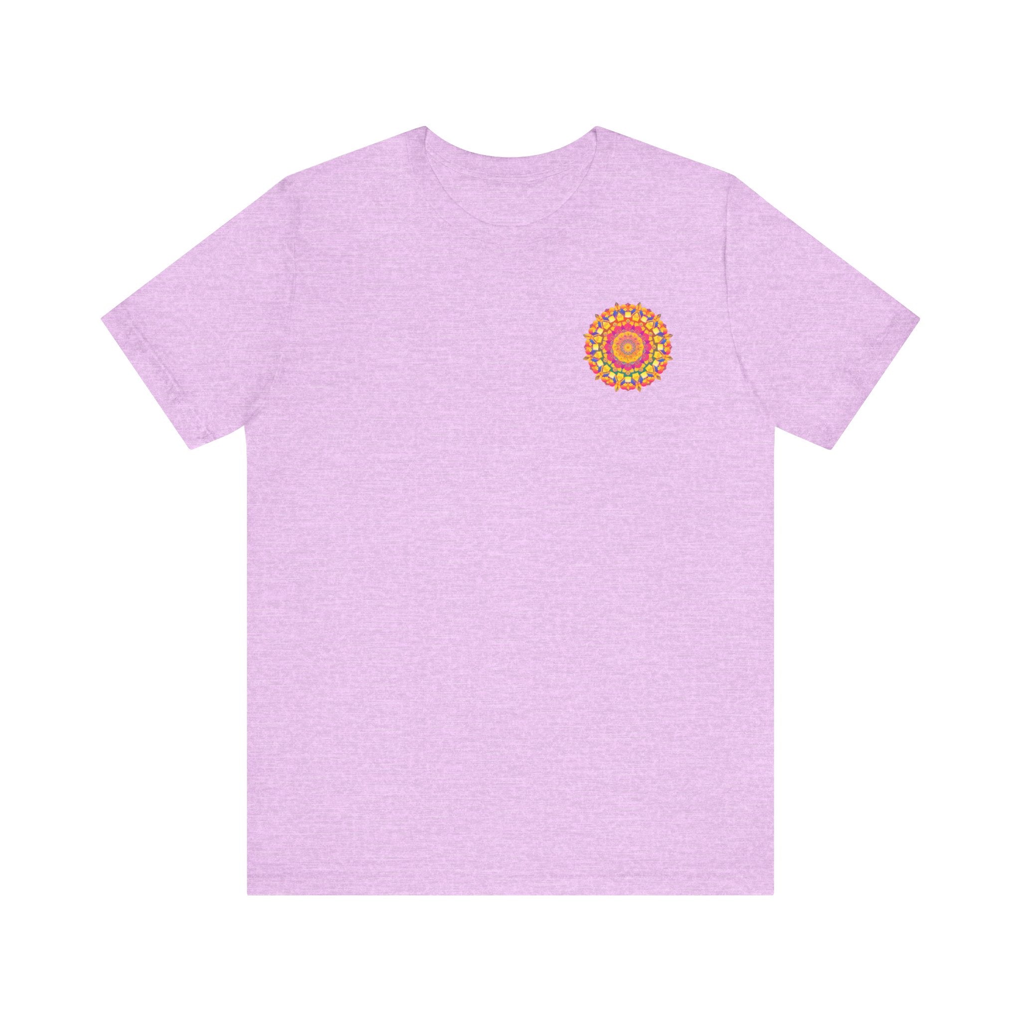 A colorful mandala design T-shirt with vibrant patterns symbolizing peace and harmony