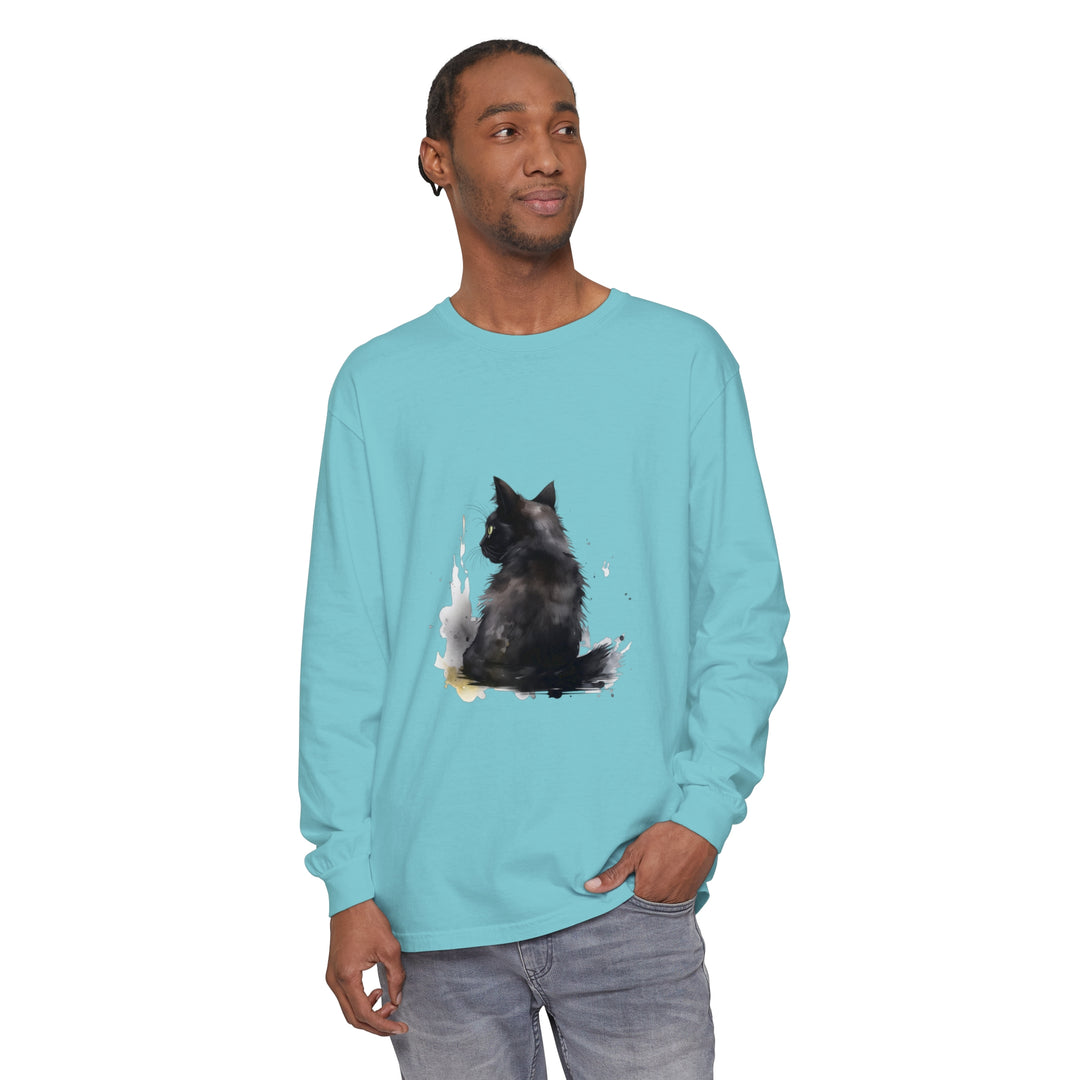 Black Cat Watercolor Dream long sleeve t-shirt featuring a beautiful watercolor design of a black cat against a dreamy background