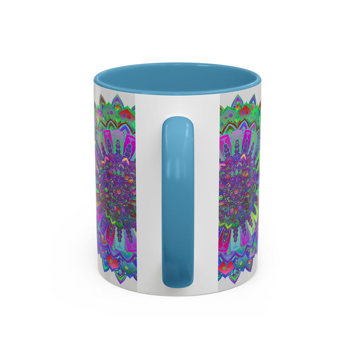 Intricately designed mandala art mug with colorful and detailed patterns in shades of blue and purple