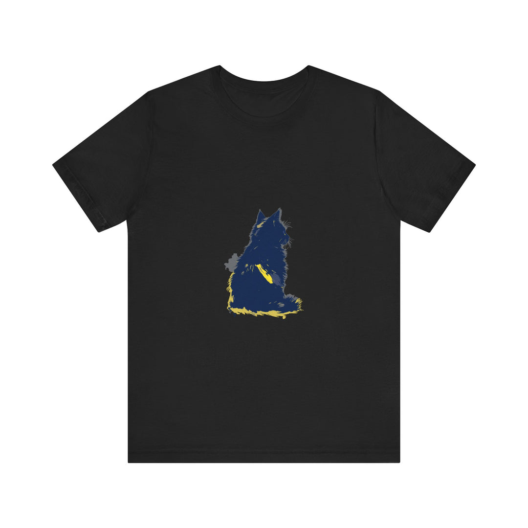 Blue Cat Mystery T-Shirt - Cool Cat Design - A trendy blue t-shirt featuring a mysterious and cool cat design