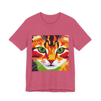 Abstract art t-shirt featuring a beautiful Savanna cat design on a vibrant background