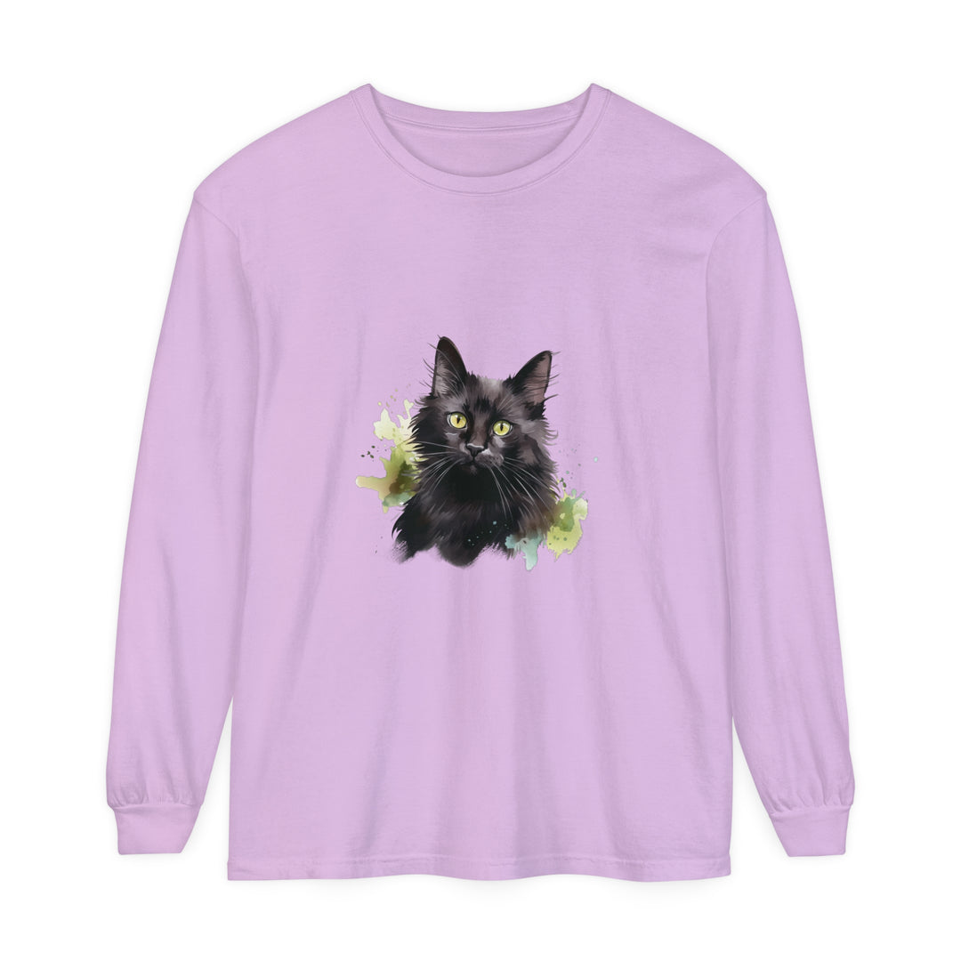 Black Cat Watercolor Splash Long Sleeve T-Shirt with vibrant colors and cute feline design