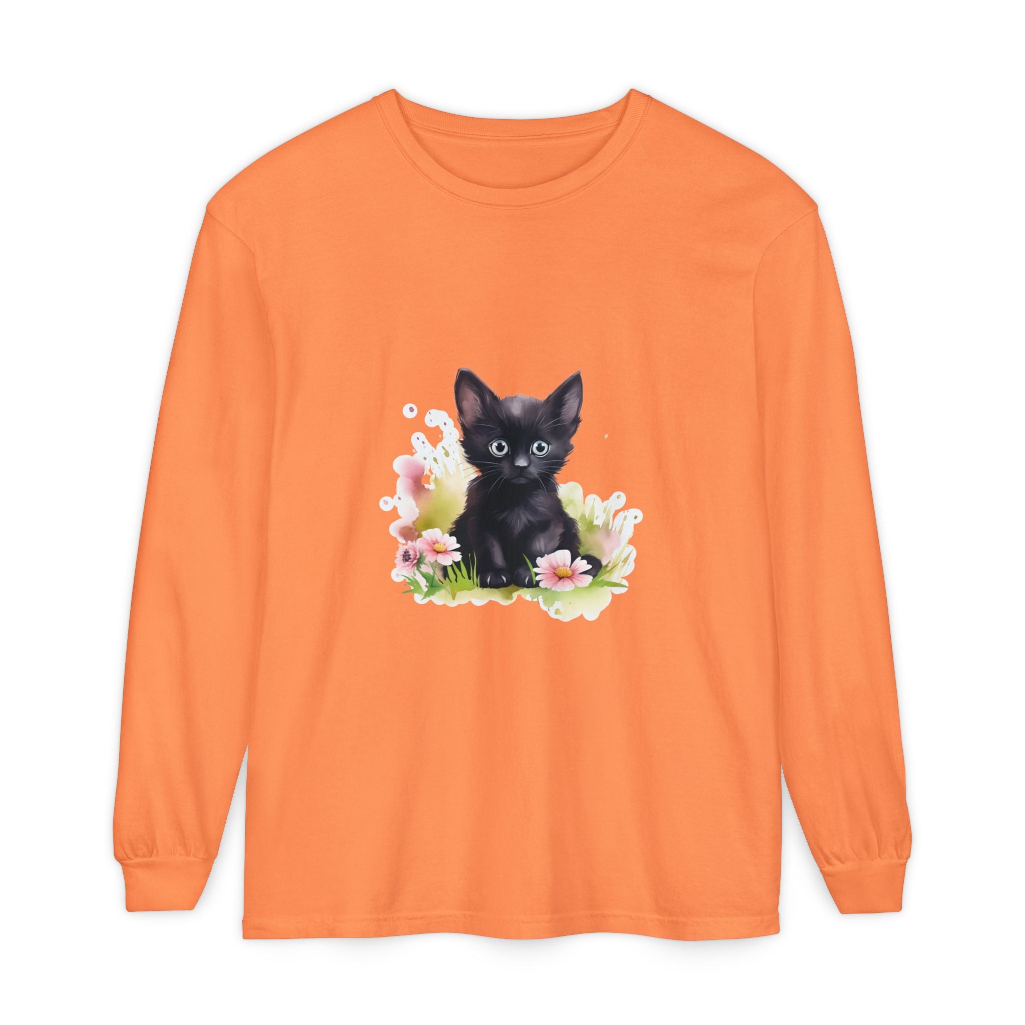 Black Kitten & Pink Flowers Long Sleeve T-Shirt