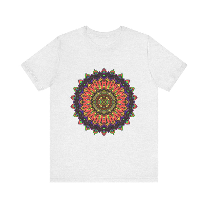 Vibrant and intricate mandala design tee in various shades of blue, pink, and yellow