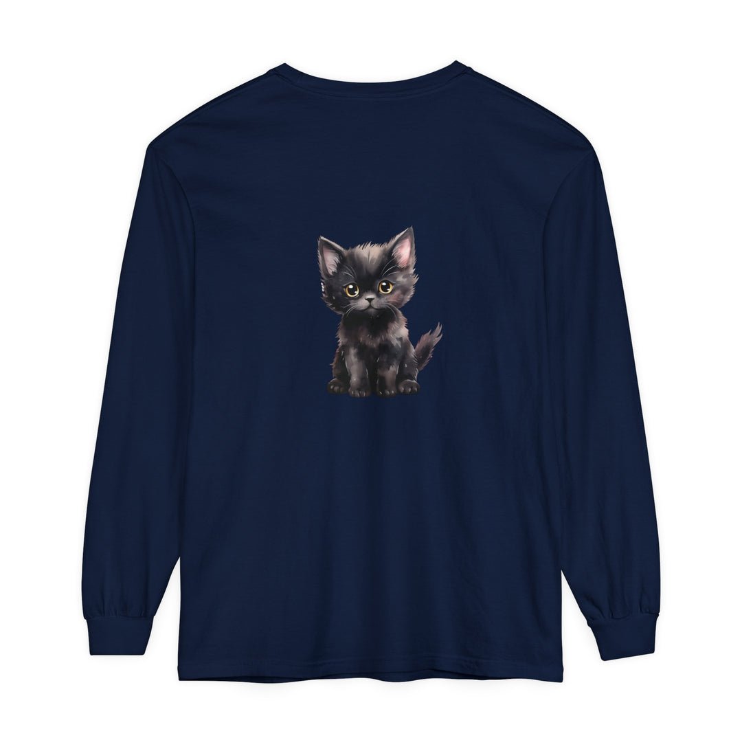 Adorable black kitten with striking yellow eyes printed on a comfortable long sleeve t-shirt