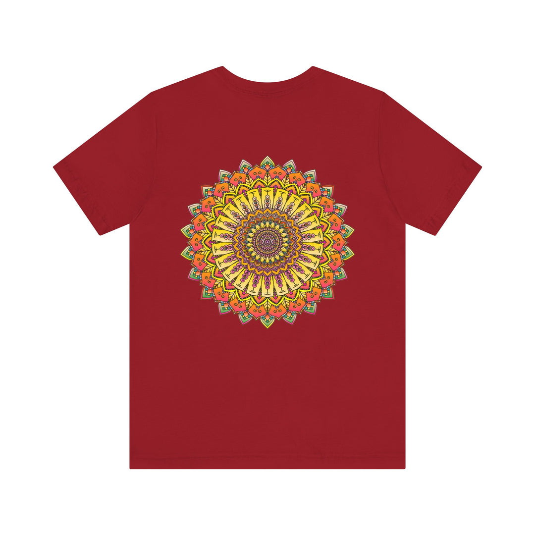 Vibrant Mandala Tee featuring intricate design in shades of blue, green, and yellow, promoting peace and harmony with its calming and uplifting presence