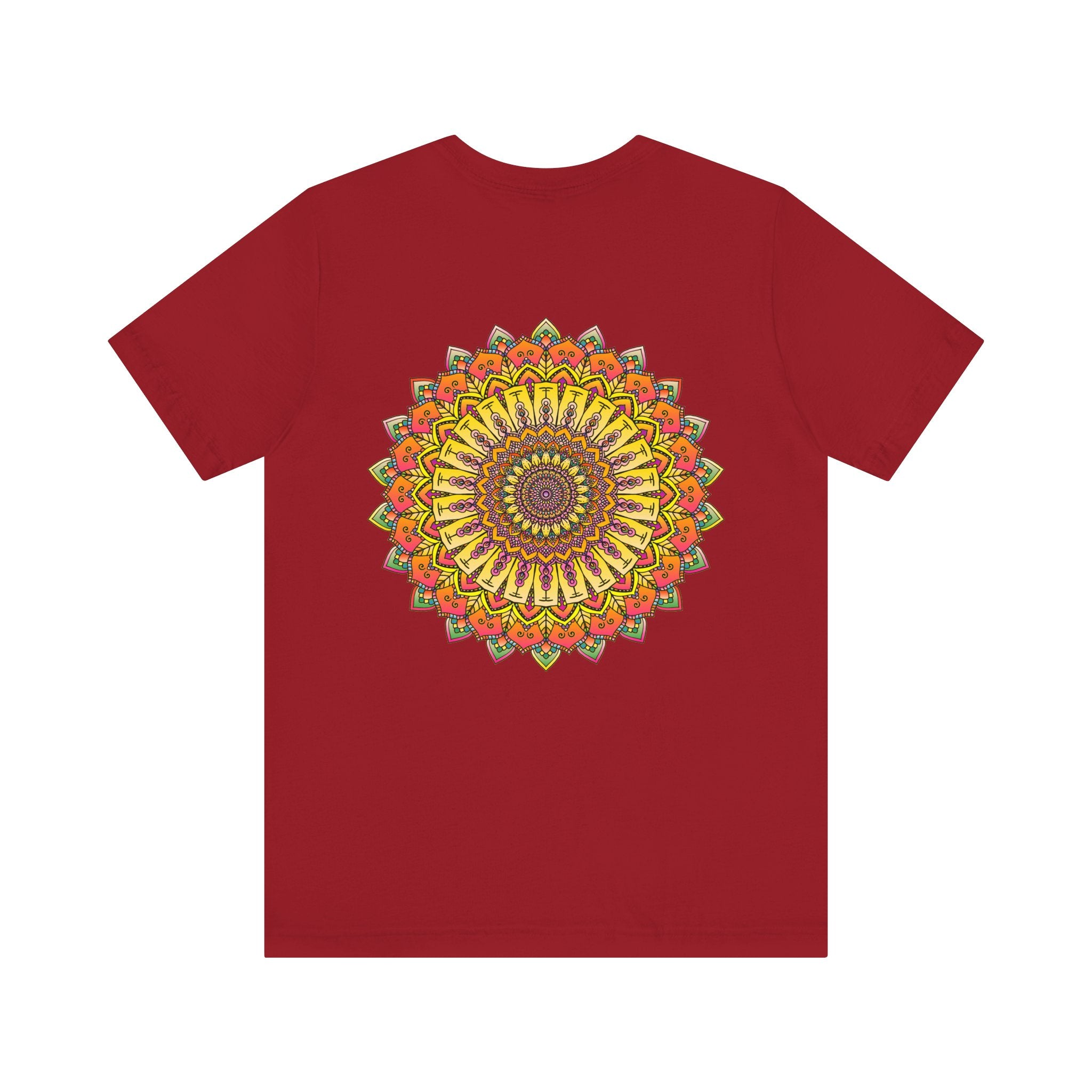 Vibrant Mandala Tee featuring intricate design in shades of blue, green, and yellow, promoting peace and harmony with its calming and uplifting presence