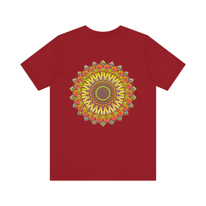 Vibrant Mandala Tee featuring intricate design in shades of blue, green, and yellow, promoting peace and harmony with its calming and uplifting presence