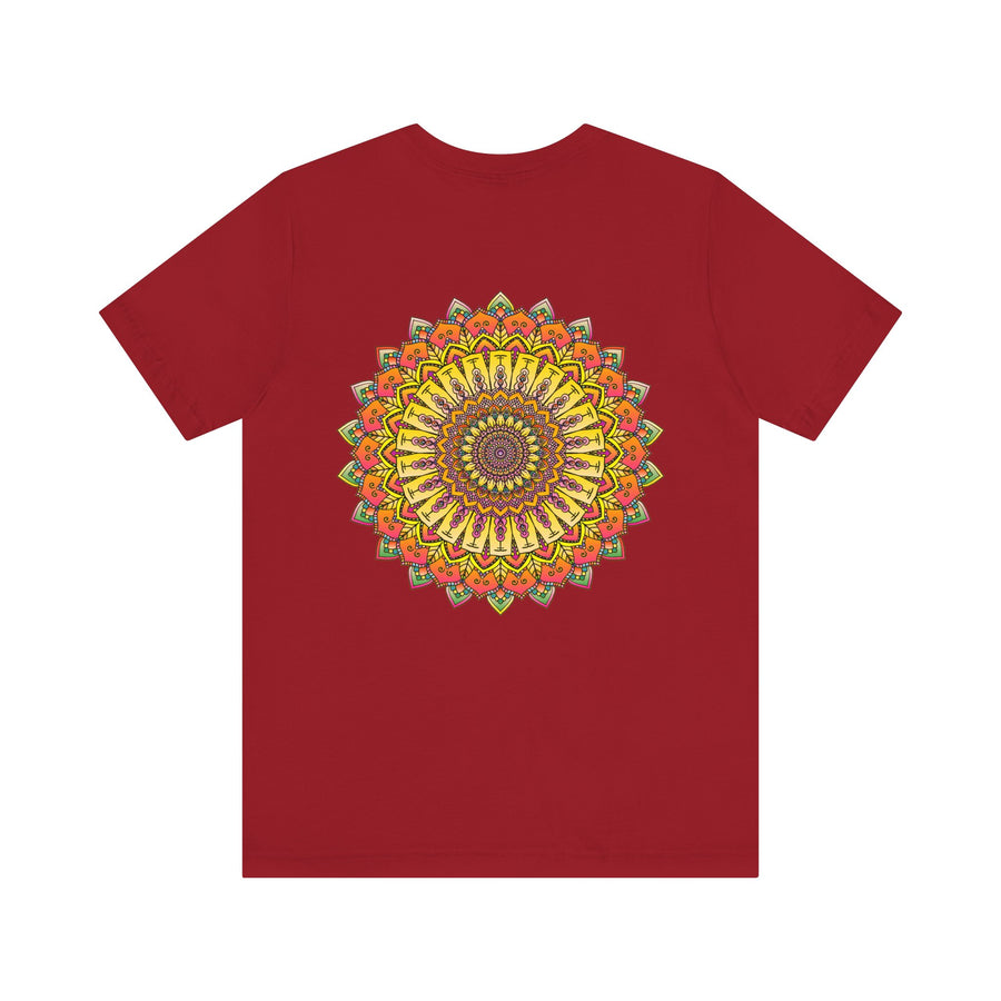 Vibrant Mandala Tee featuring intricate design in shades of blue, green, and yellow, promoting peace and harmony with its calming and uplifting presence