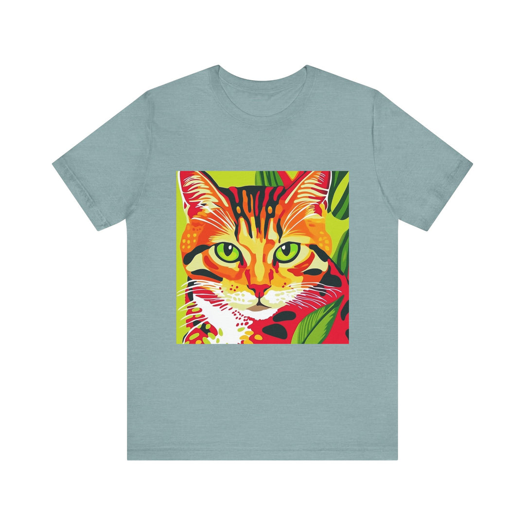 White and grey striped short sleeve tee with a cute cat graphic