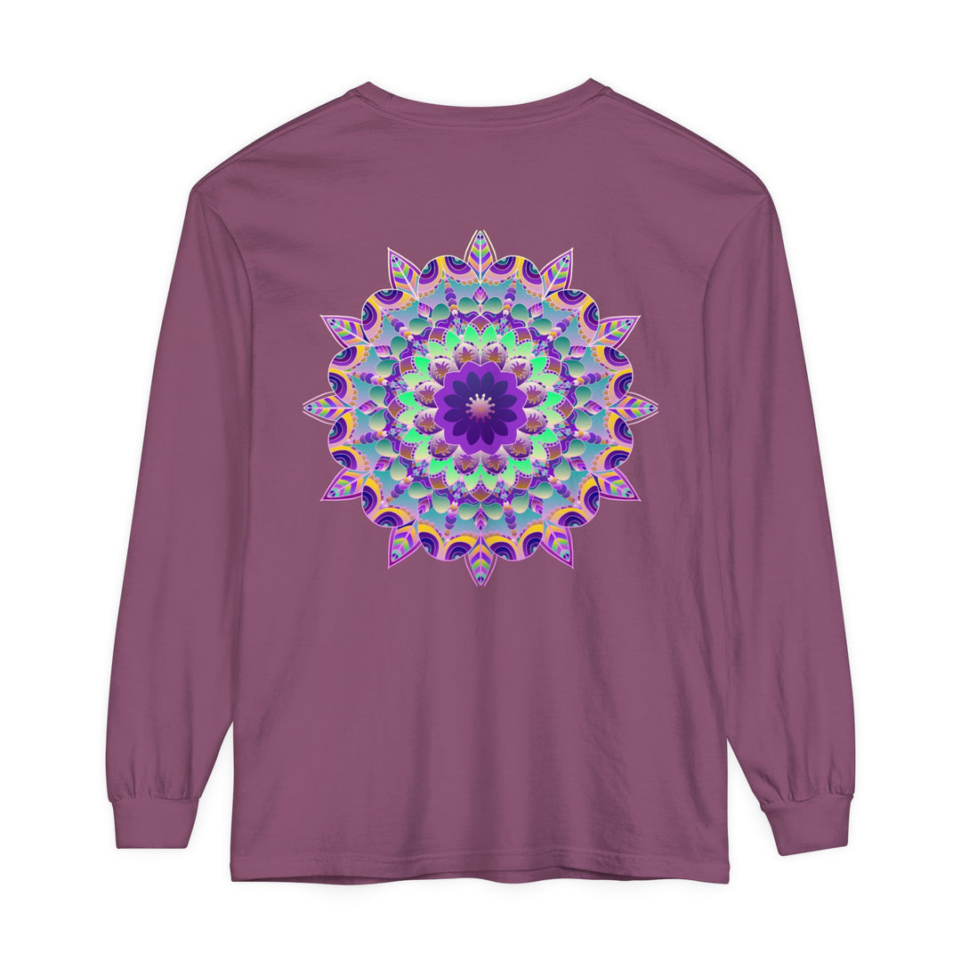 A colorful, intricate mandala design long sleeve t-shirt with psychedelic patterns