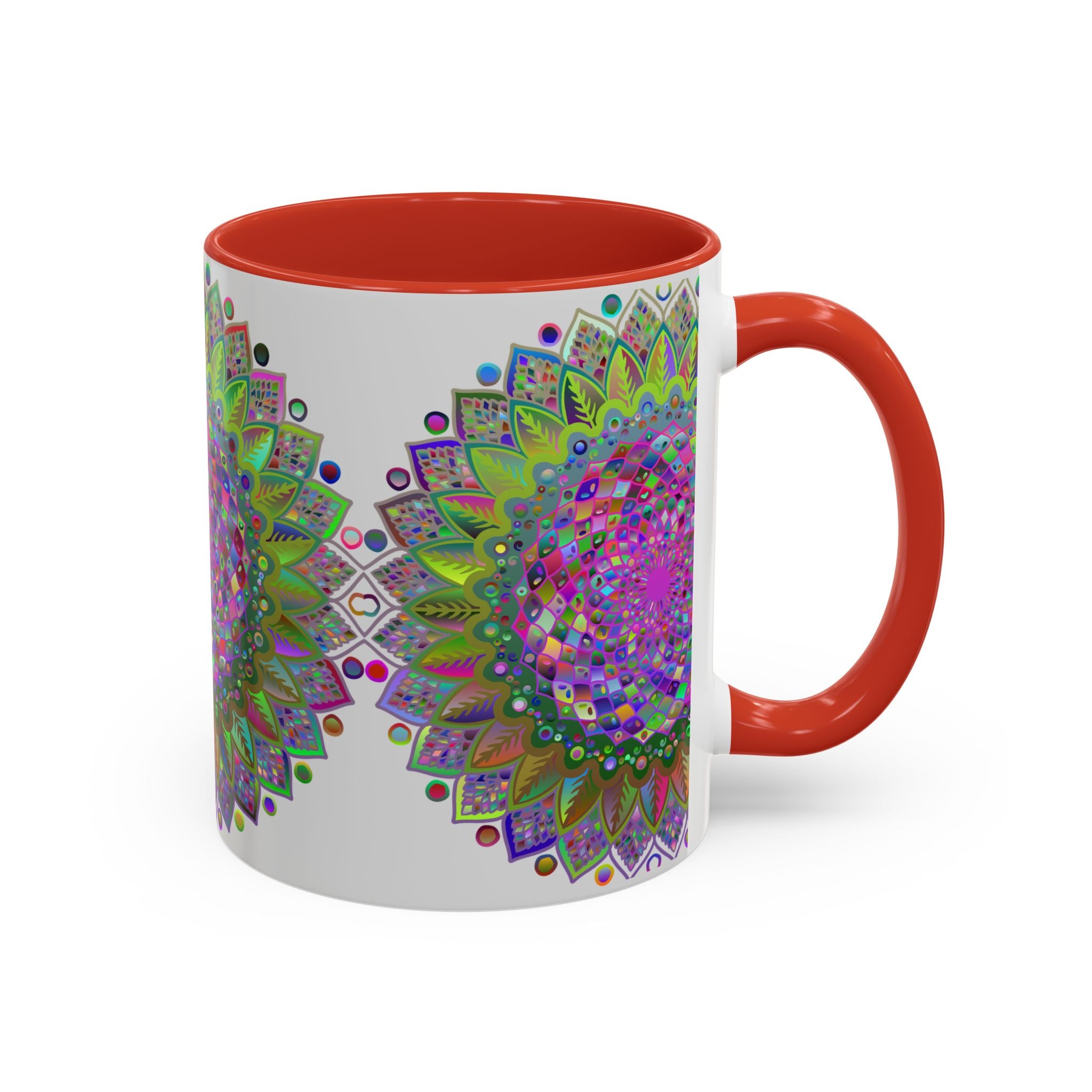 Colorful and intricate psychedelic mandala design on a grey ceramic mug