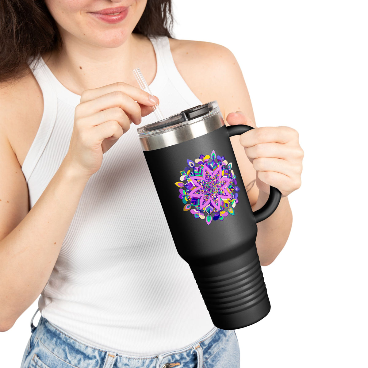40oz Insulated Travel Mug — Purple Floral Mandala Design