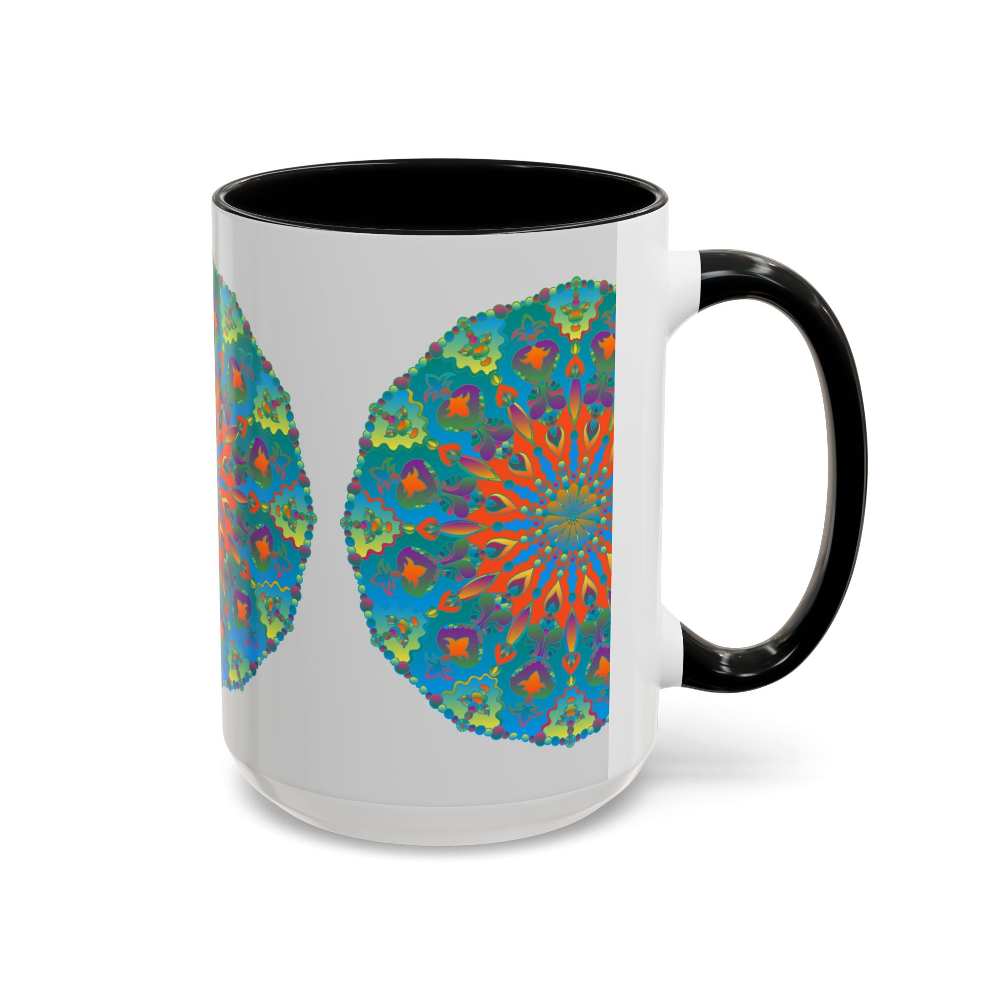 Beautiful mandala art mug featuring an intricate blue and green design