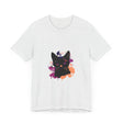 Black Cat Mystery T-Shirt with striking purple eyes design for Halloween