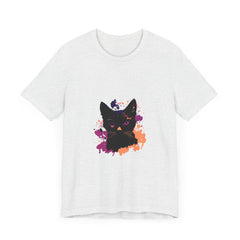 Black Cat Mystery T-Shirt with striking purple eyes design for Halloween