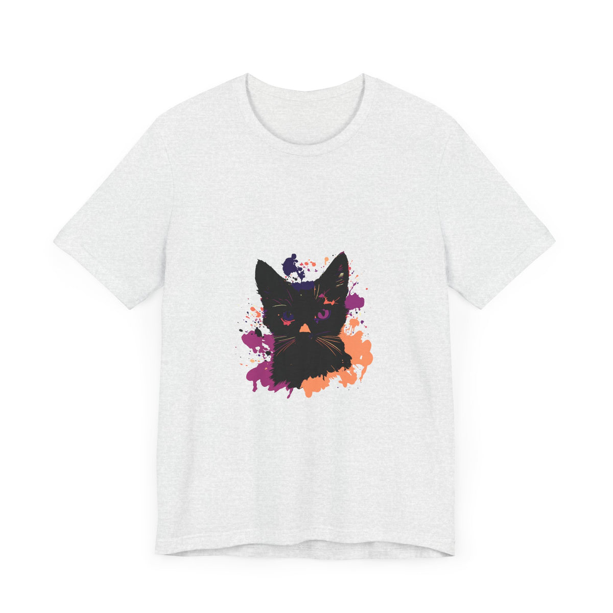 Black Cat Mystery T-Shirt with striking purple eyes design for Halloween