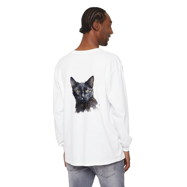 Black Cat Watercolor - Mystical Long Sleeve T-Shirt with vibrant watercolor design featuring a mysterious black cat