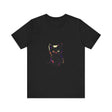 A black cat with green eyes is featured on a stylish and cute mystery-themed t-shirt