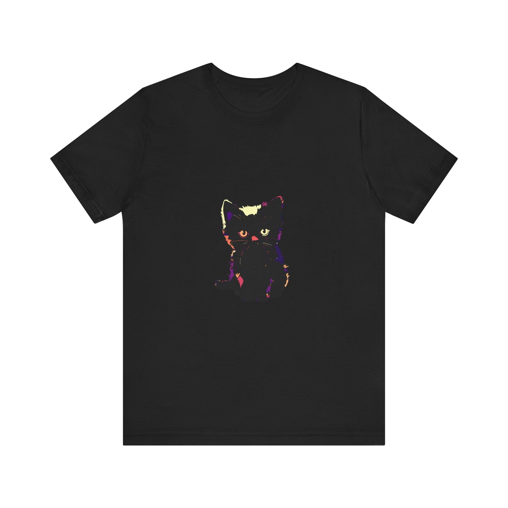 A black cat with green eyes is featured on a stylish and cute mystery-themed t-shirt