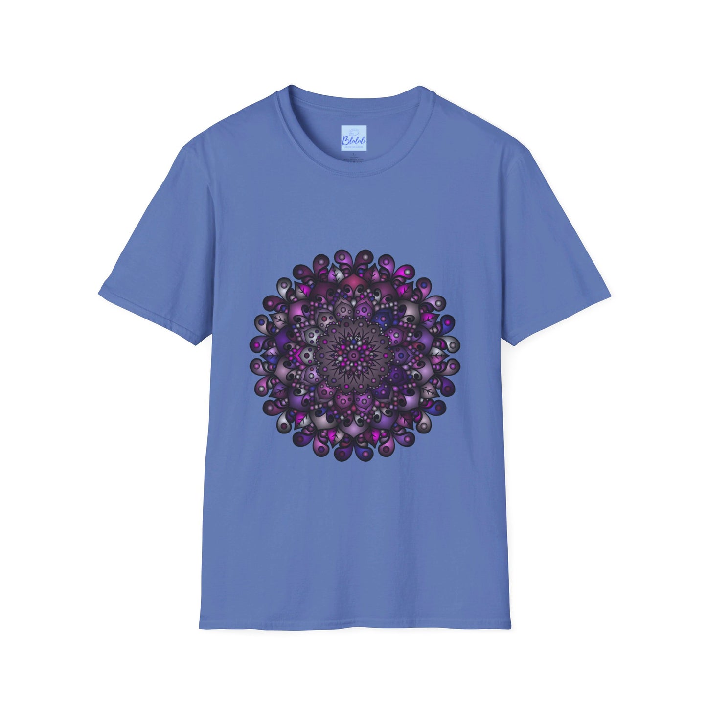 Colorful and intricate handmade mandala art design on softstyle t-shirt