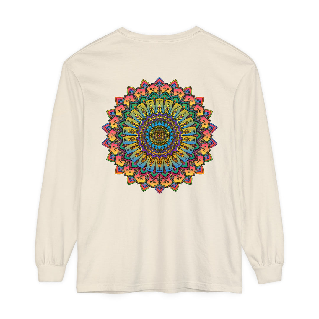 Intricate mandala design in vibrant colors on unisex long sleeve t-shirt