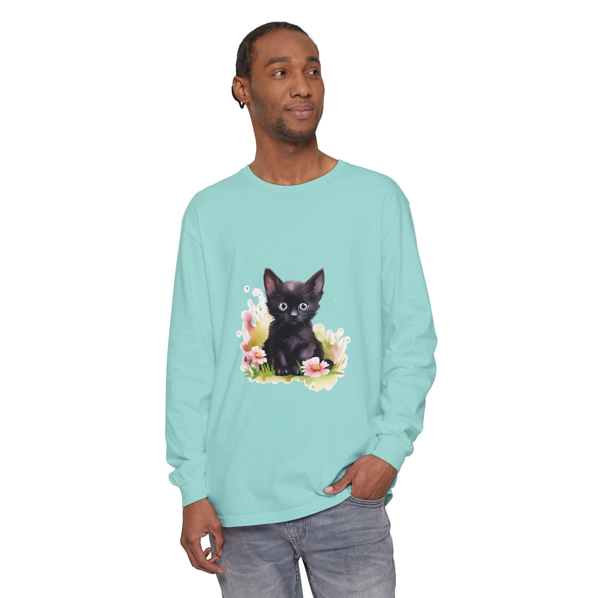 Black Kitten & Pink Flowers Long Sleeve T-Shirt